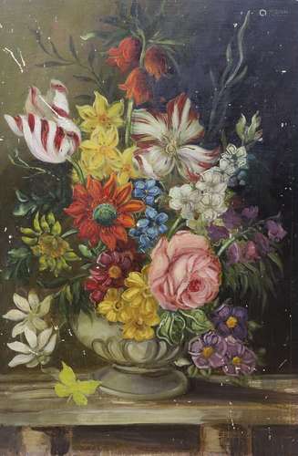 English School, oil on panel, Still life of flowers in a vas...