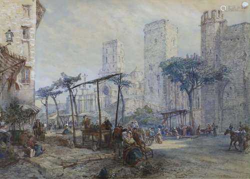 John Burgess (1814-1874), watercolour, Market square Avignon...