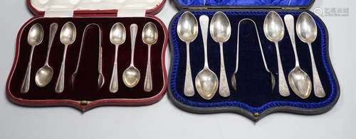 Two cased sets of six silver teaspoons and sugar tongs, incl...