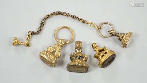 Four assorted 19th century gold plated fob seals, set with c...