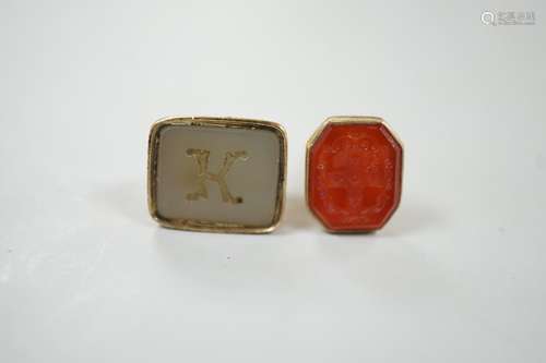 A 19th century yellow metal overlaid and white carnelian set...