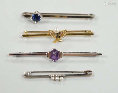 A 9ct white gold and synthetic? sapphire set bar brooch, 45m...