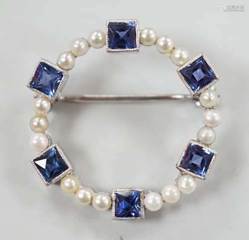 An 18k white metal, synthetic blue spinel? and seed pearl se...