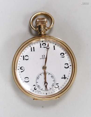 A George V 9ct gold Omega open face keyless pocket watch, ca...