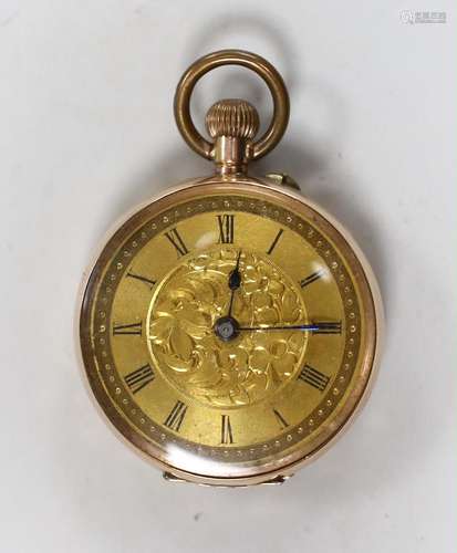 An engraved 9k open face keyless fob watch, with gilt metal ...