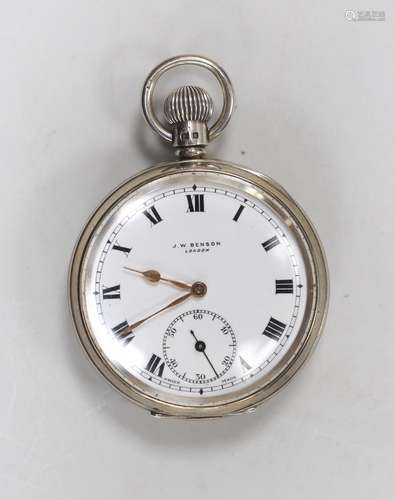 A 1930s silver J.W. Benson open faced keyless pocket watch, ...