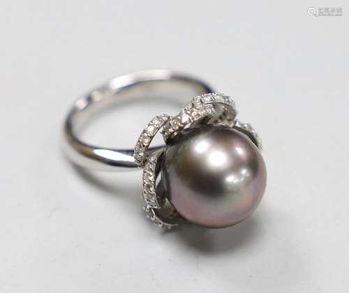 A modern Italian 750 white metal, cultured pearl and diamond...