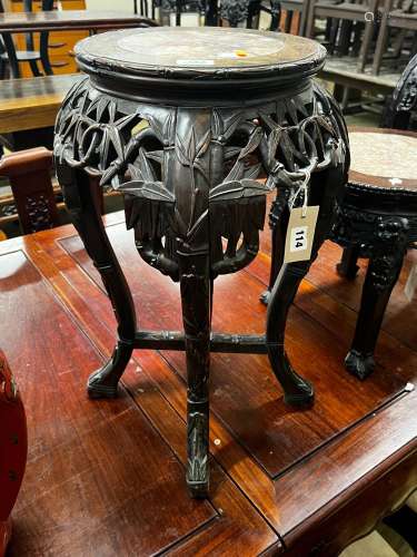 A Chinese circular marble top hongmu vase stand, width 39cm,...