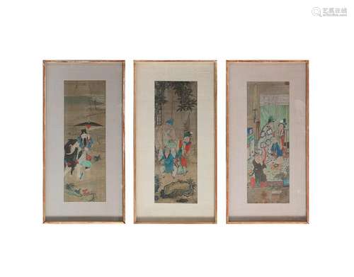 (3) CHINE, XIXe siècle. Ensemble de trois peintures for