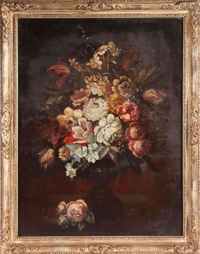 Ecole ITALIENNE vers 1900. Bouquet de fleurs sur une en