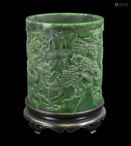 Chinese Spinach Jade Carved Brushpot w/ Landscape