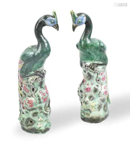 Pair Chinese Famille Rose Peacock Figurines, ROC P