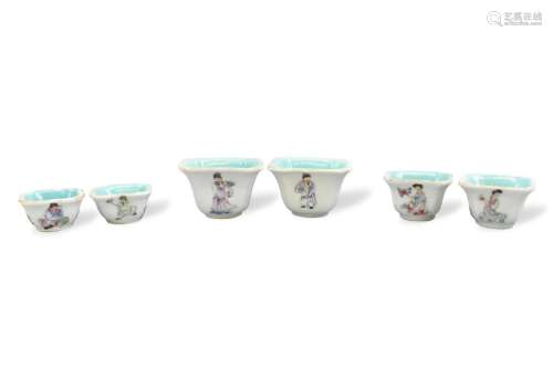 Group of 6 Famille Rose Square Cups, ROC Period