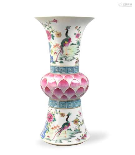 Chinese Famille Rose Gu Vase w/ Lotus & Peacock