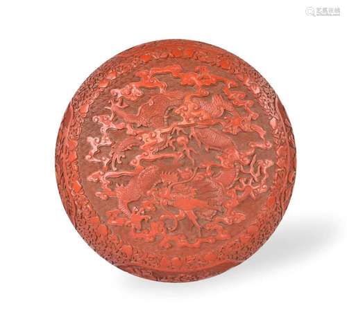 Chinese Cinnabar Carved Cover Box w/ Dragon,Qing D