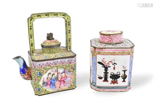 2 Chinese Canton Enamel Teapot & Caddy, 18th C.