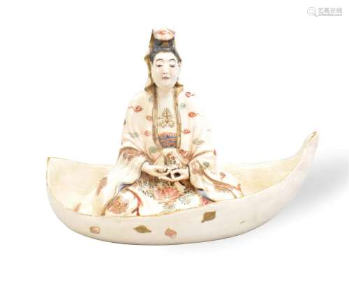 Japanese Satsuma Guanyin Figurine On Boat,Meiji P.