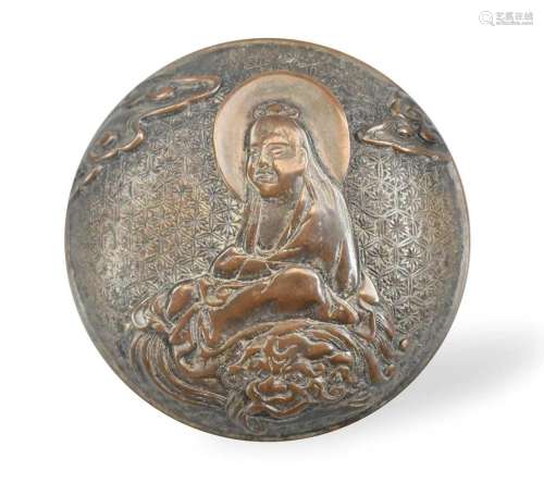 Chinese Bronze Carved Seal Box w/ Guanyin, 19th C.