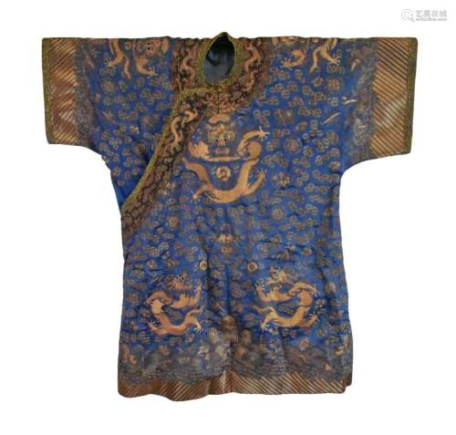 Chinese Blue Embroidery Dragon Robe, Qing Dynasty