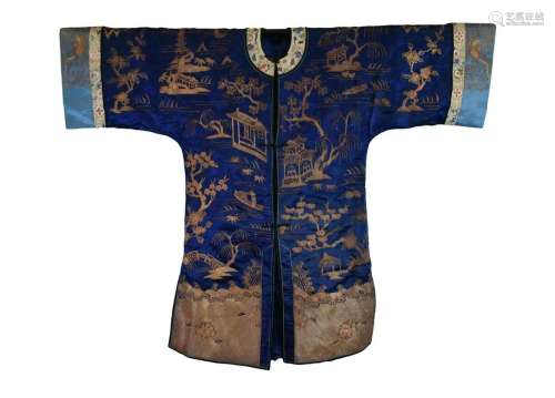 Chinese Blue Embroidery Robe w/ Landscape.Qing D.
