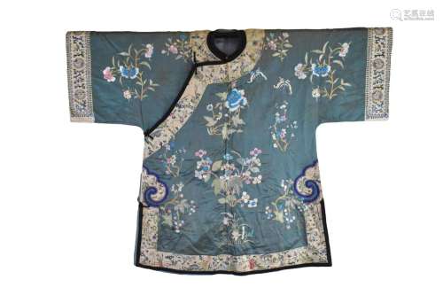 Chinese Blue Embrodiery Robe w/ Flowers,Qing D.