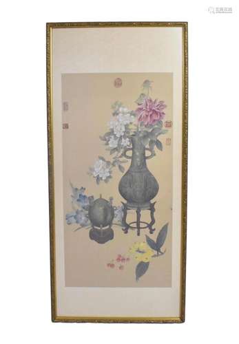 Chinese Painting on silk w/ Vase & Flower, Qing D.