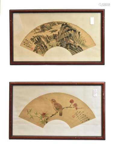 2 Chinese Fan Painting of Bird & Landscape,Qing D.