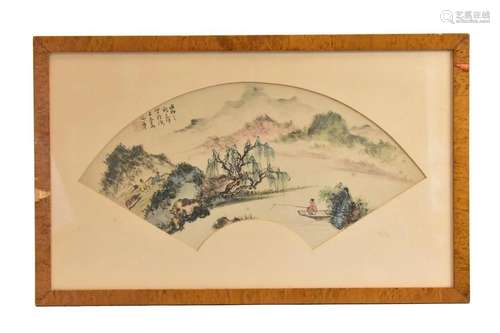 Chinese Fan Painting of Scholar & Landscape