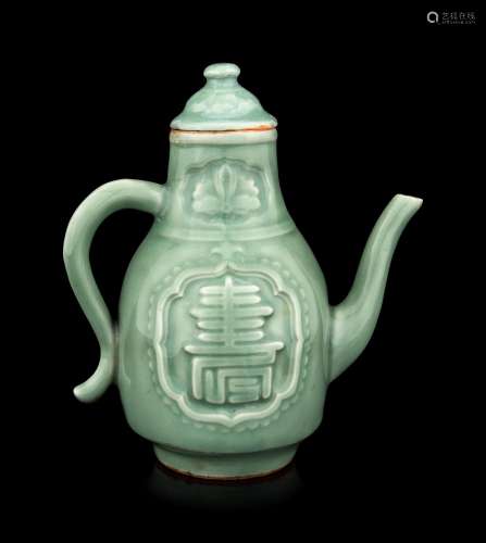 A Longquan Celadon Glazed Porcelain 'Longevity' Teapot
