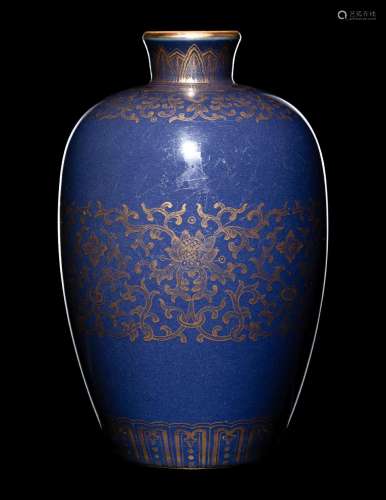 A Small Gilt Decorated Blue Glazed Porcelain Baluster Vase