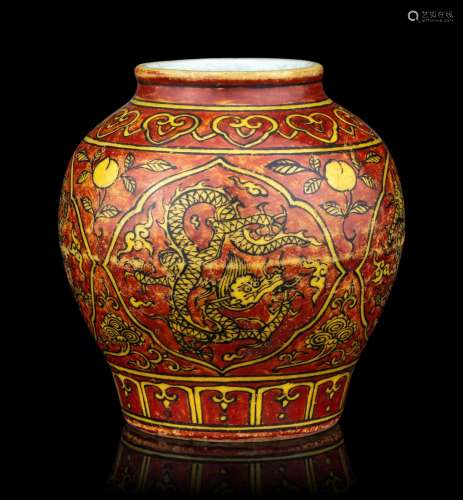 A Small Iron Red and Yellow Glazed 'Dragon' Jar