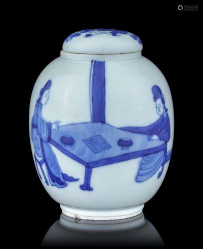 A Small Blue and Whtie Porcelain Covered Jar