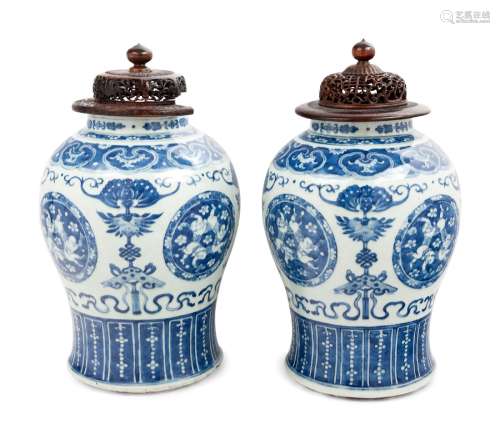 A Pair of Blue and White Porcelain General Jars and Covers