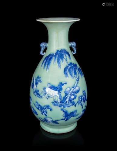 A Celadon Ground Blue and White Porcelain Baluster Vase