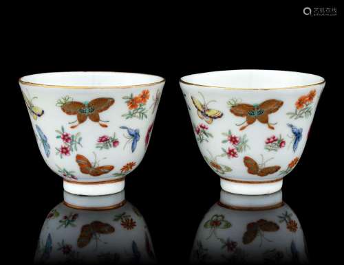 A Pair of Famille Rose Porcelain 'Butterfly' Cups