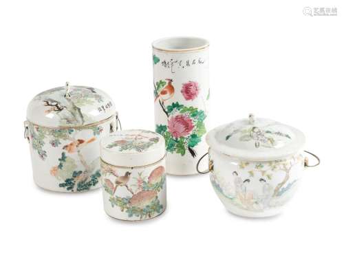 Three Famille Rose Porcelain Covered Jars and A Famille Rose...