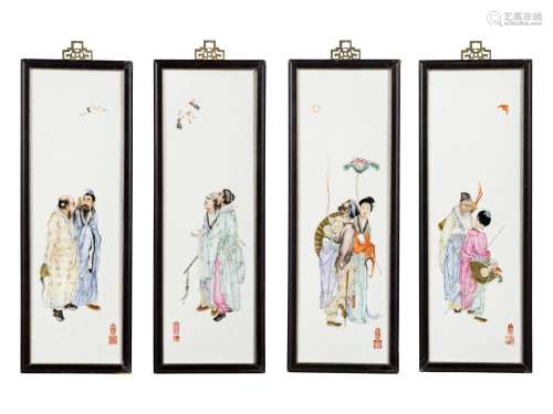 Four Porcelain Plaques Inset Hanging Panels Attributed to Wa...