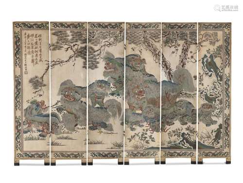 A Large Polychrome Lacquered Six-Panel Floor Screen