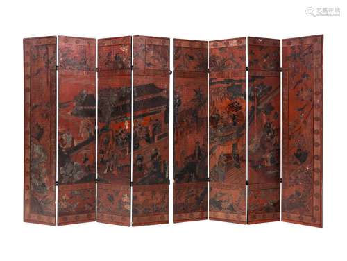 A Pochychrome Lacquered Eight-Paneled Folding Screen