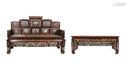 A Mother-of-Pearl Inlaid Rosewood Settee and a Low Table