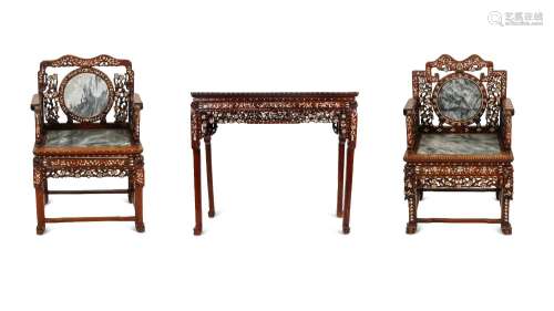A Mother-of-Pearl Inlaid Rosewood Altar Table and Three Armc...