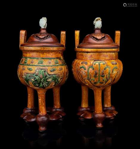 A Pair Of Sancai Glazed Porcelain Tripod Ding Vessels