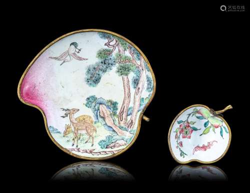 Two Canton Enamel on Copper Peach-Form Plates