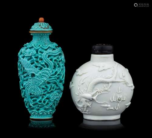 Two Molded Porcelain 'Dragon' Snuff Bottles