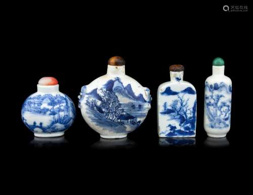 Four Blue and White Porcelain 'Landscape' Snuff Bottles