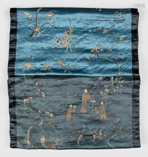 Two Blue Embroidered Silk Hanging Panels