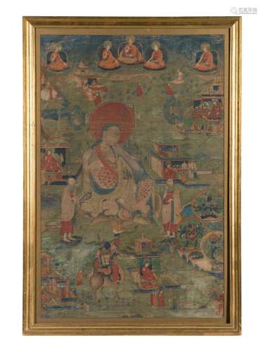 A Tibetan Thangka Depicting Stories from the Life of Buddha
