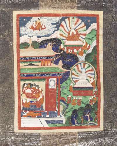 A Mongolian Thangka Depicting Stories from the Life of Buddh...