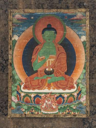 A Tibetan Thangka Depicting Amoghasiddhi Buddha