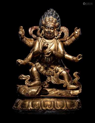 A Large Sino-Tibetan Gilt and Red Lacquered Wood Figure of a...